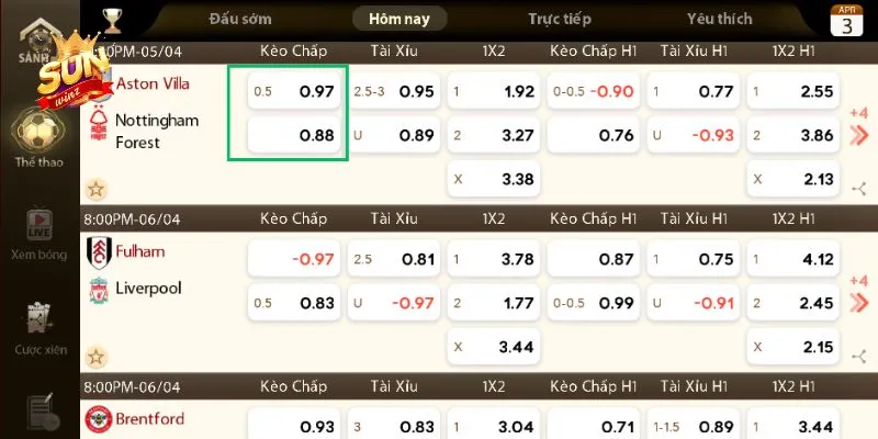 Ví dụ khi thành viên đầu từ vào kèo chấp 1/2